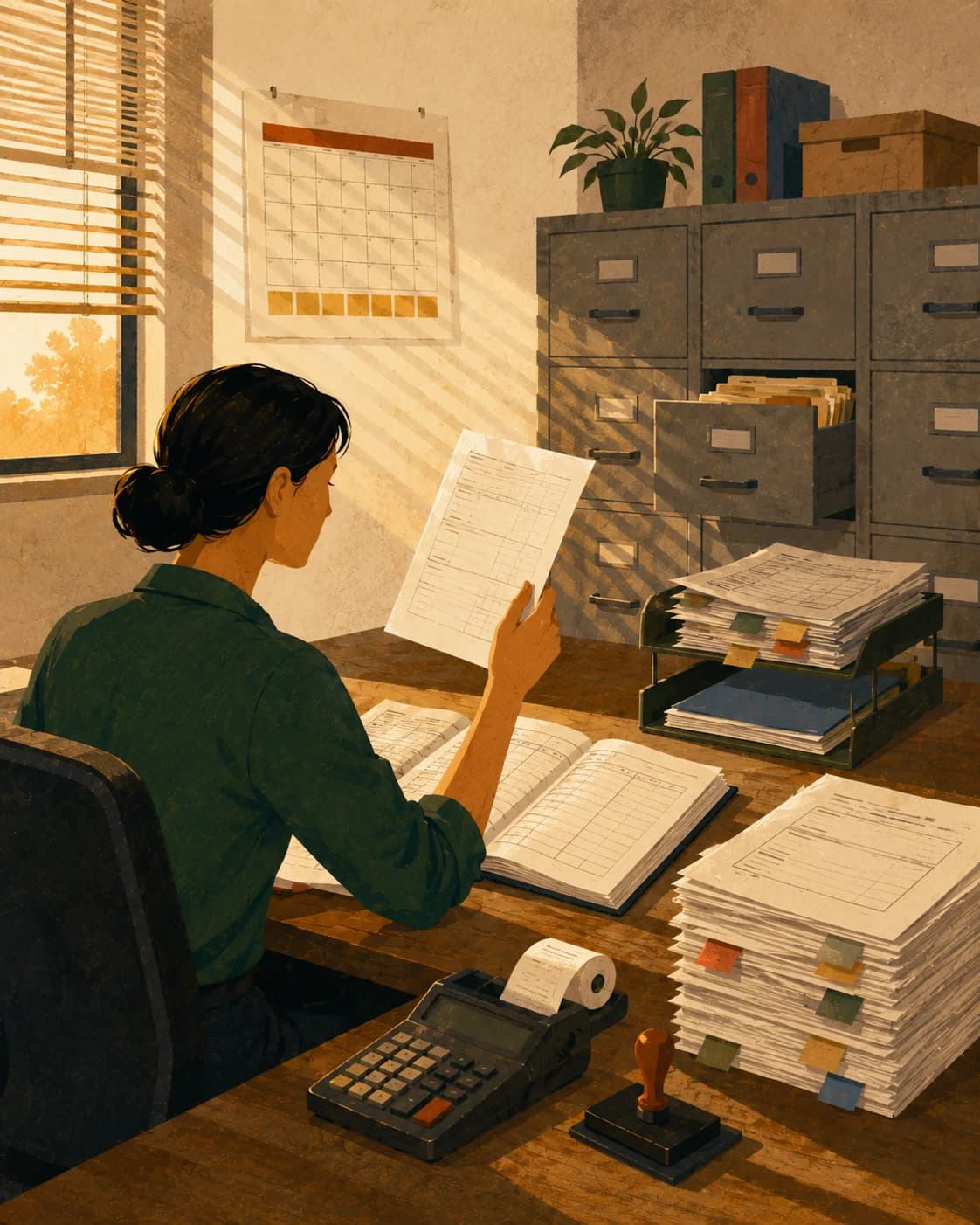 A finance manager at month end holding an invoice up to the light beside a ledger and invoice stacks
