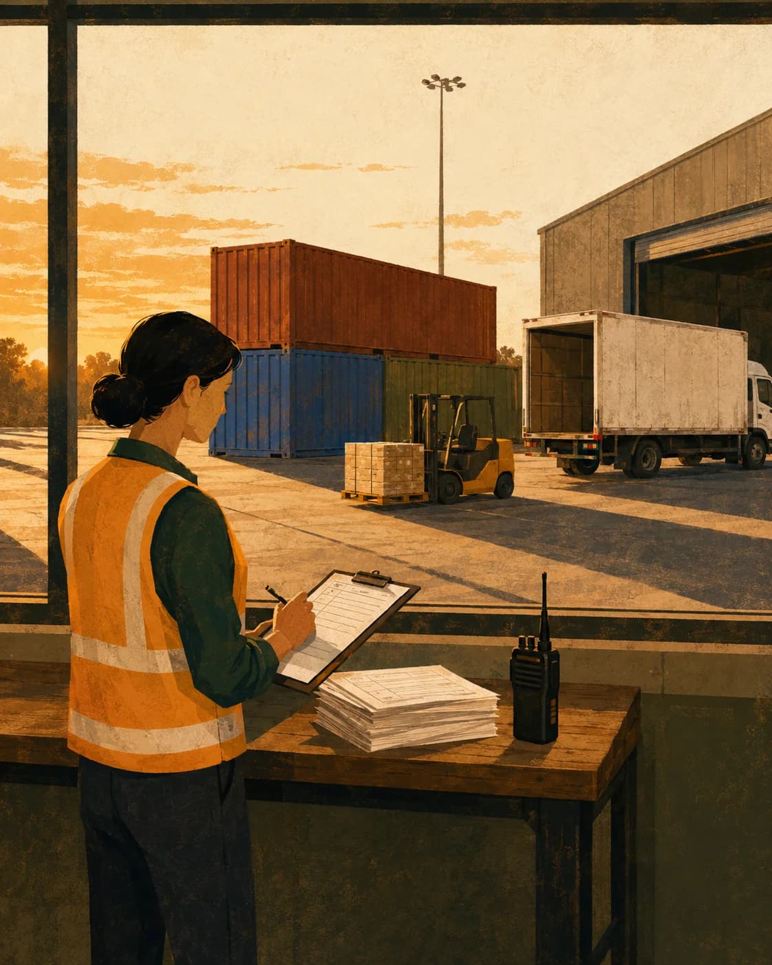 A freight yard dispatcher writing on a clipboard at the window, containers, a box truck, and a forklift in the yard behind