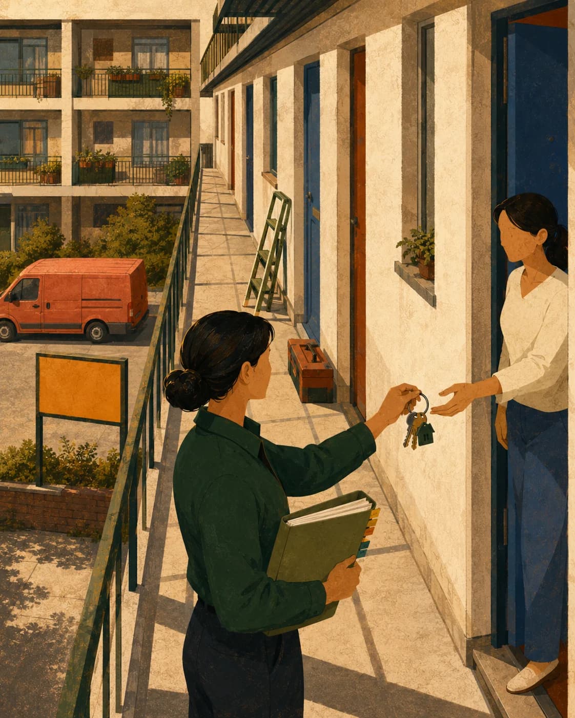 A property manager handing keys to a tenant on the walkway of a block of flats