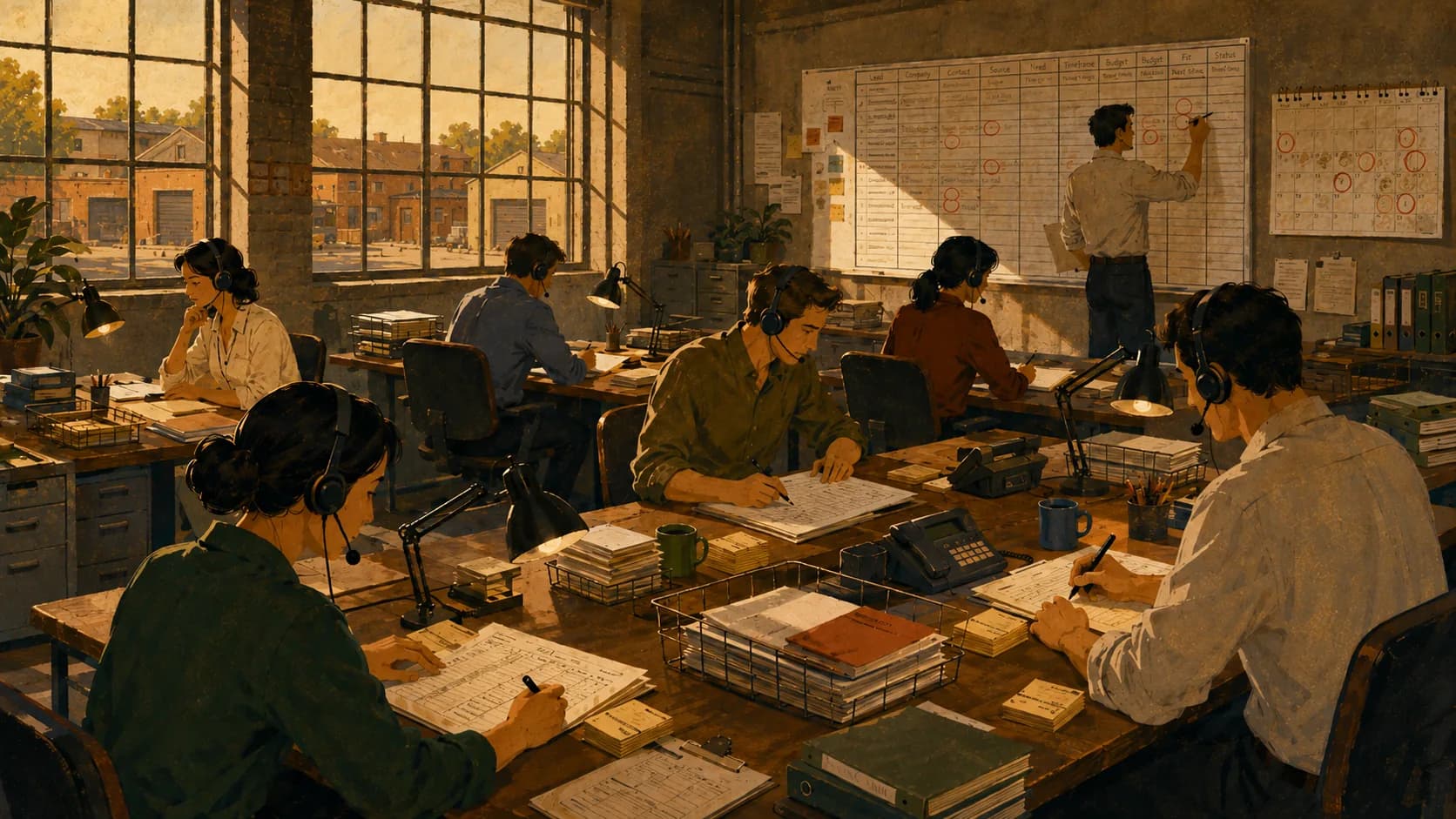 A sales floor, with people on headsets working from printed lead sheets and a wall board of booked meeting times