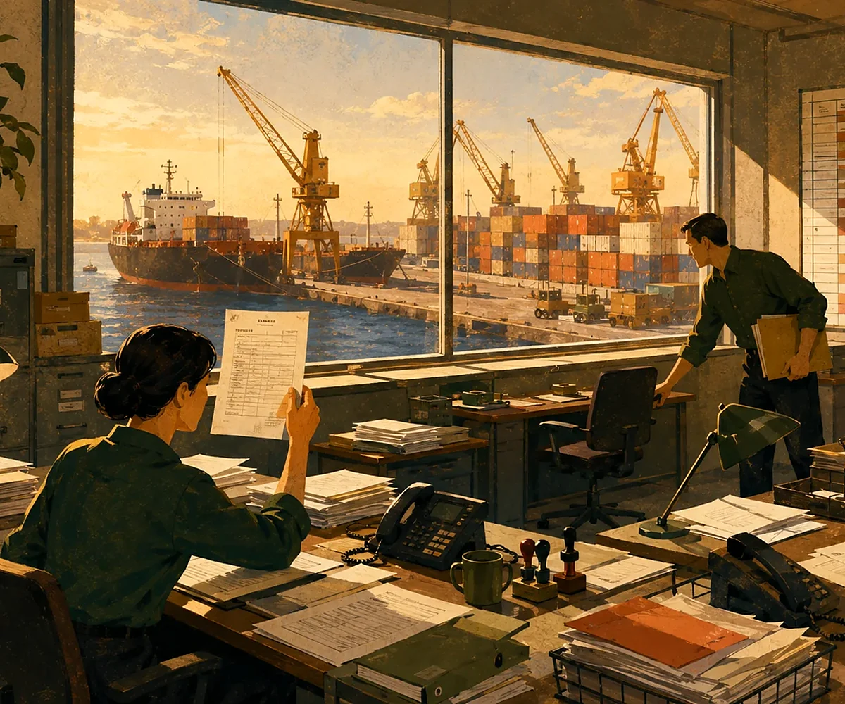 Editorial illustration of a chartering office overlooking a working port.