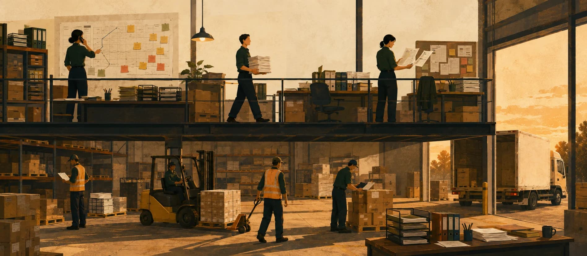 A mezzanine operations office above a working warehouse floor, where a small team coordinates orders by hand with wall planners, printed lists, and paperwork while goods move below