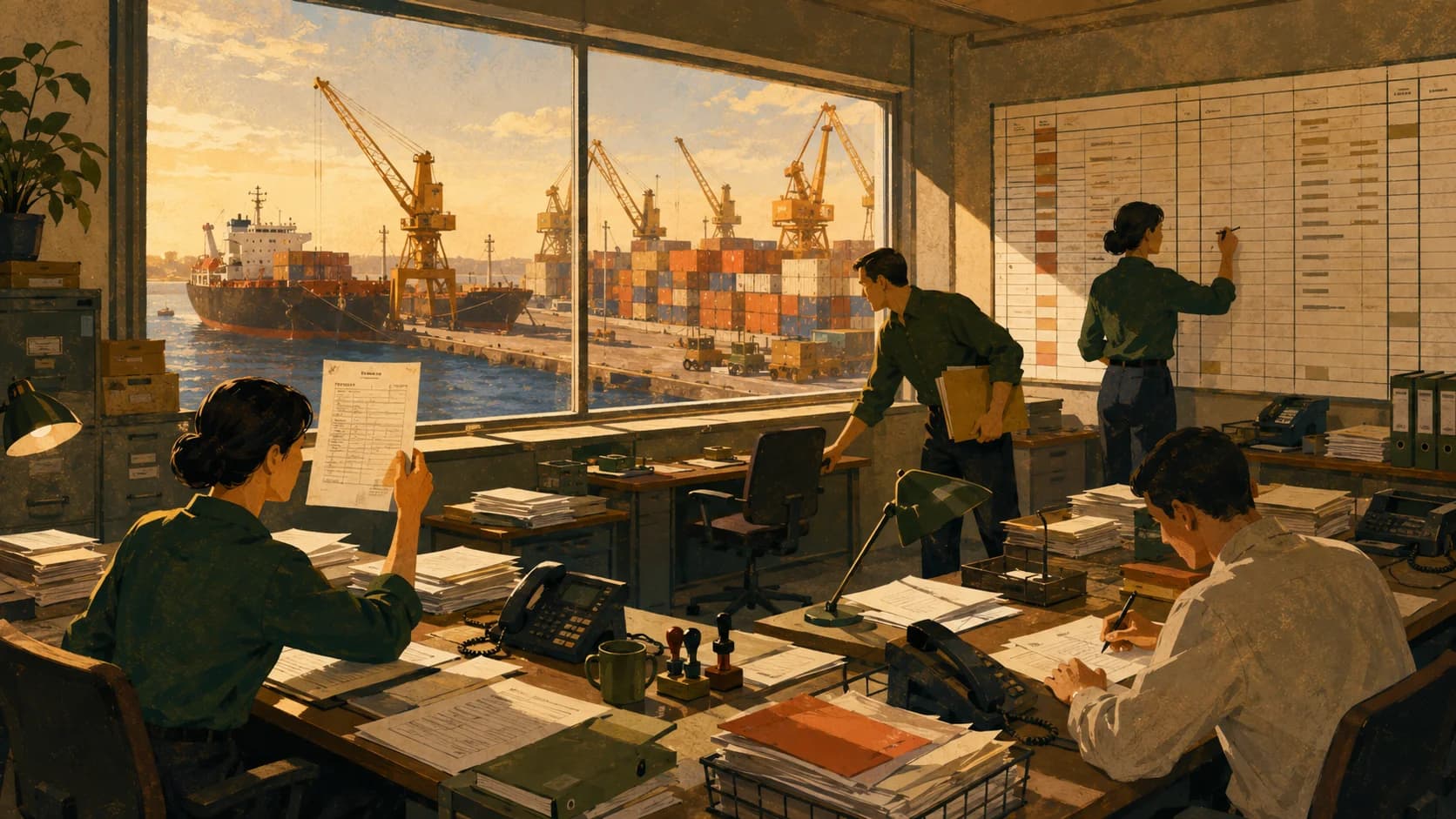 A maritime chartering office overlooking a working port, with paper cargo documents and a hand-updated wall board of vessels